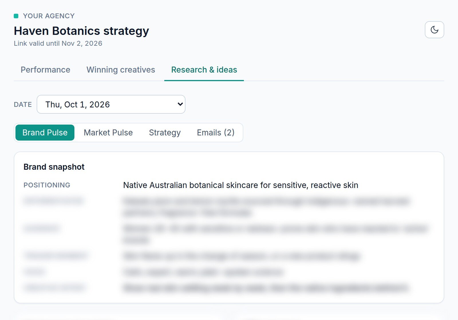Client link: performance, winning creatives and research shared privately with the client